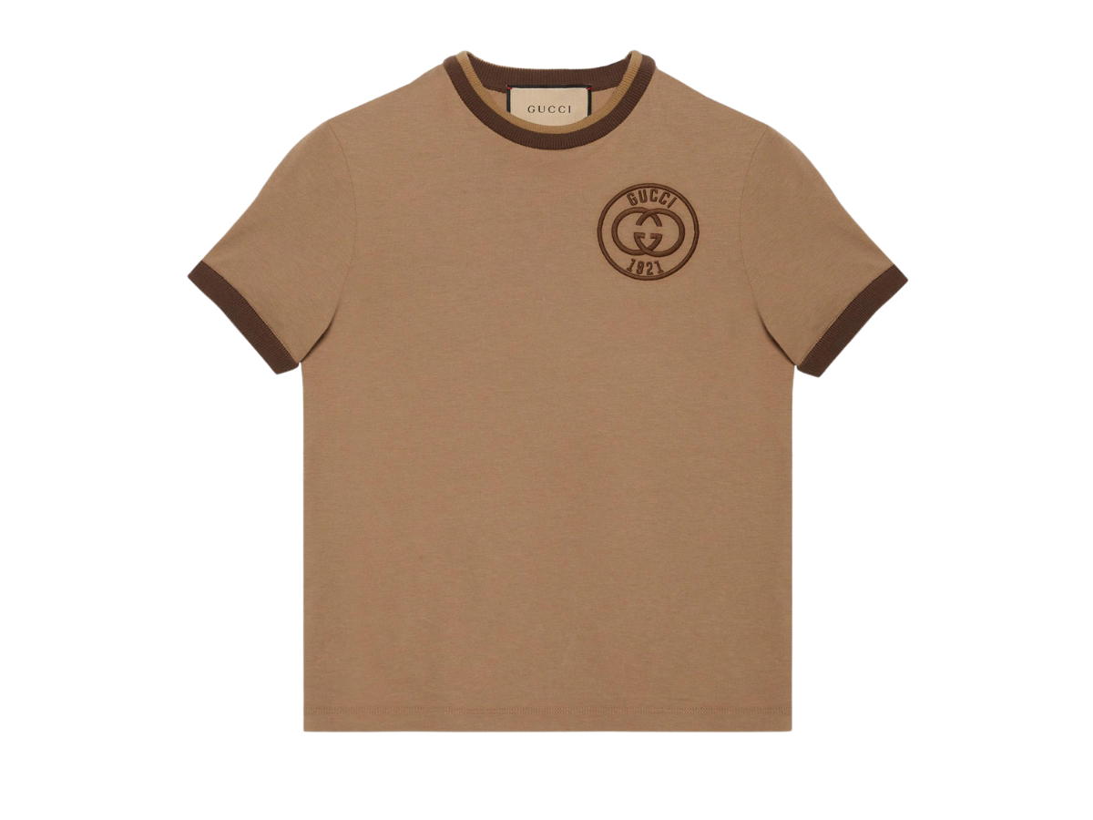 Gucci Gucci Cotton Jersey T-Shirt With Gucci Embroidery In Dark Beige Cotton Jersey With Interlocking G Gucci 1921 Embroidery Crewneck