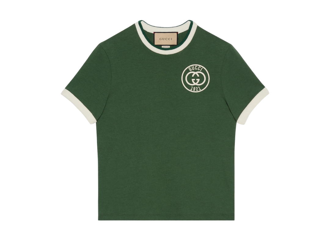 Gucci Gucci Cotton Jersey T-Shirt With Gucci Embroidery In Green Cotton Jersey With Interlocking G Gucci 1921 Embroidery Crewneck