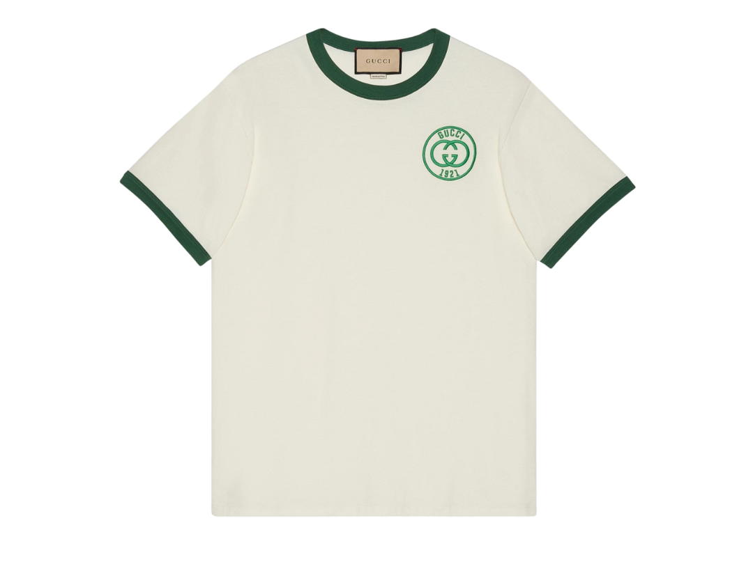 Gucci Gucci Cotton Jersey T-Shirt With Gucci Embroidery In Off White Cotton Jersey With Interlocking G Gucci 1921 Embroidery Crewneck