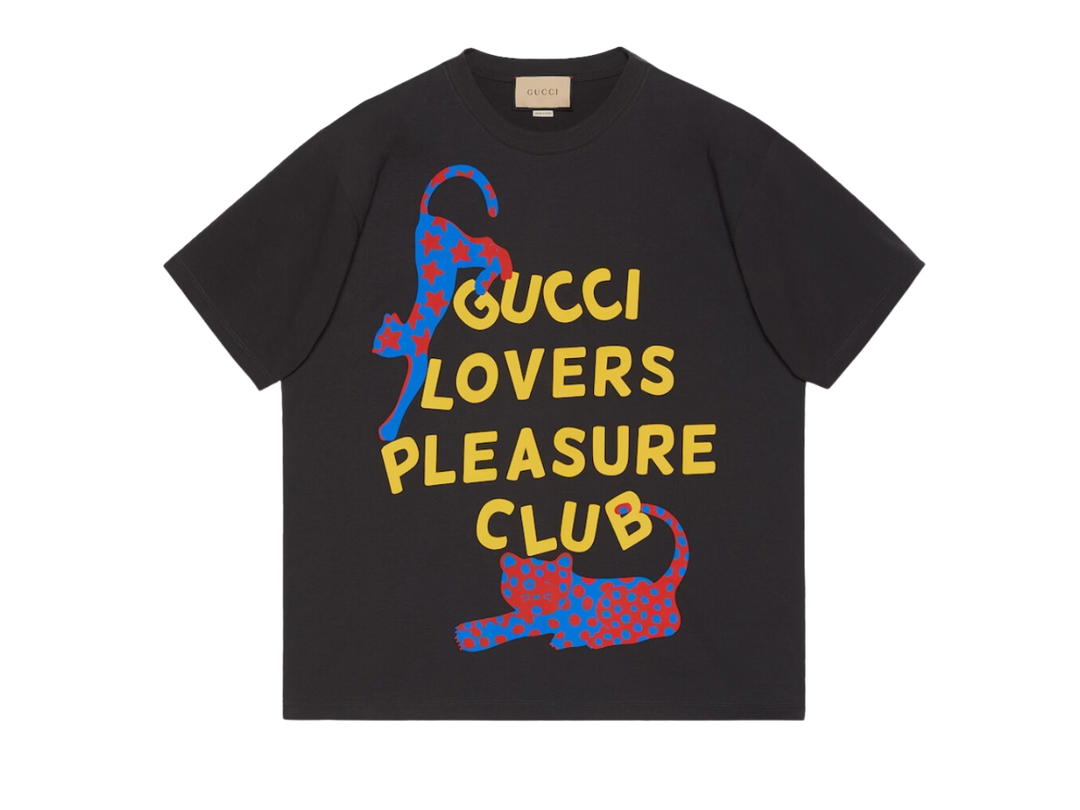 Gucci Gucci Cotton Jersey T-Shirt With Gucci Lovers Pleasure Club And Cat Print Black