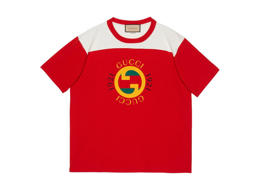 Gucci Gucci Cotton Jersey T-Shirt With Gucci Print In Red And Ivory Cotton Jersey Crewneck