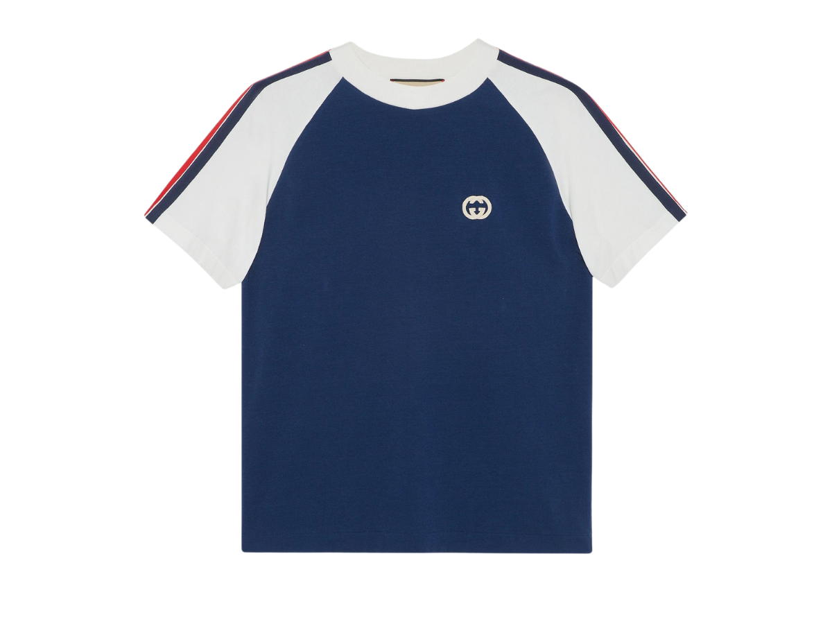 Gucci Gucci Cotton Jersey T-Shirt With Patch In Blue And White Cotton Jersey Crewneck