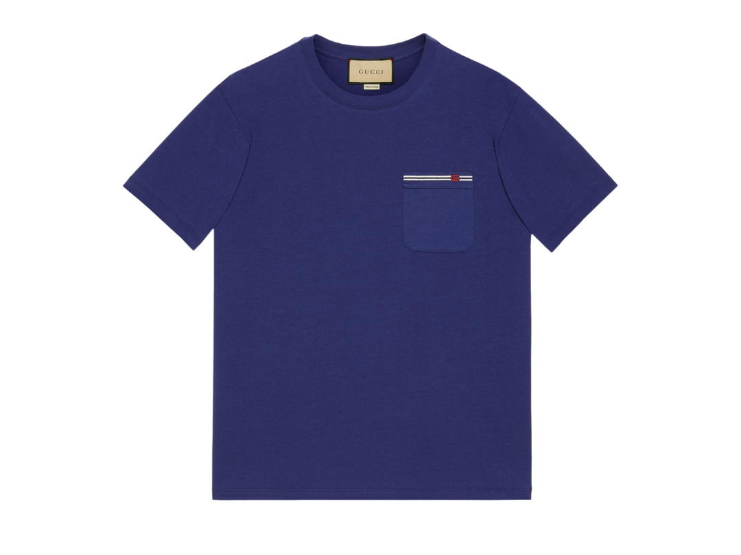 Gucci Gucci Cotton T-Shirt With Embroidery In Blue Cotton Jersey With Double G And Stripe Embroidery