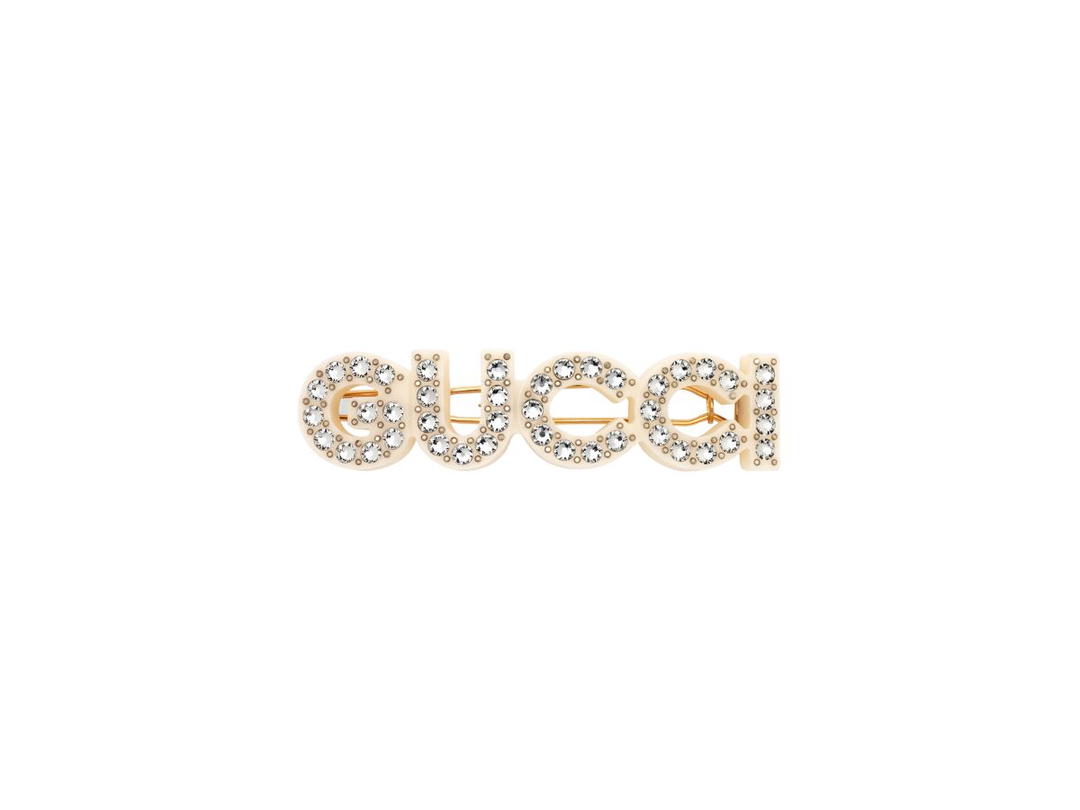Gucci Gucci Crystal Gucci Hair Slide In Gold Metal With Ivory Resin And Crystals