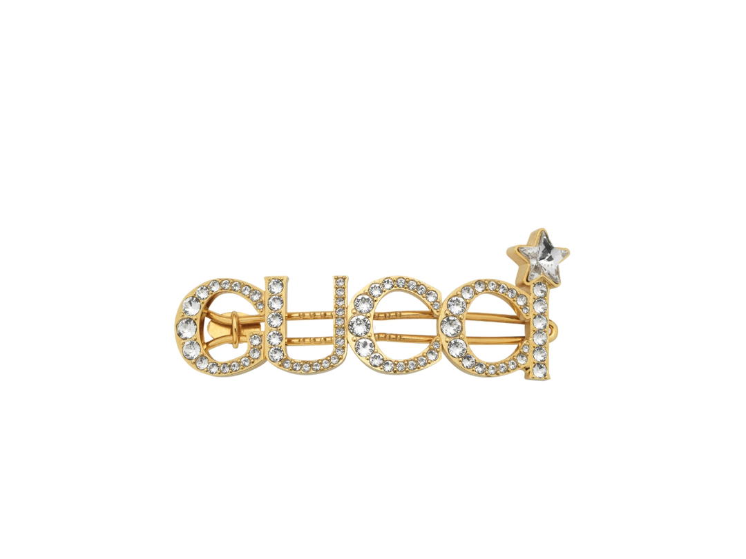 Gucci Gucci Crystal Gucci Hair Slide In Metal Aged Gold Finish With Gucci Script With Star Detail And Crystals