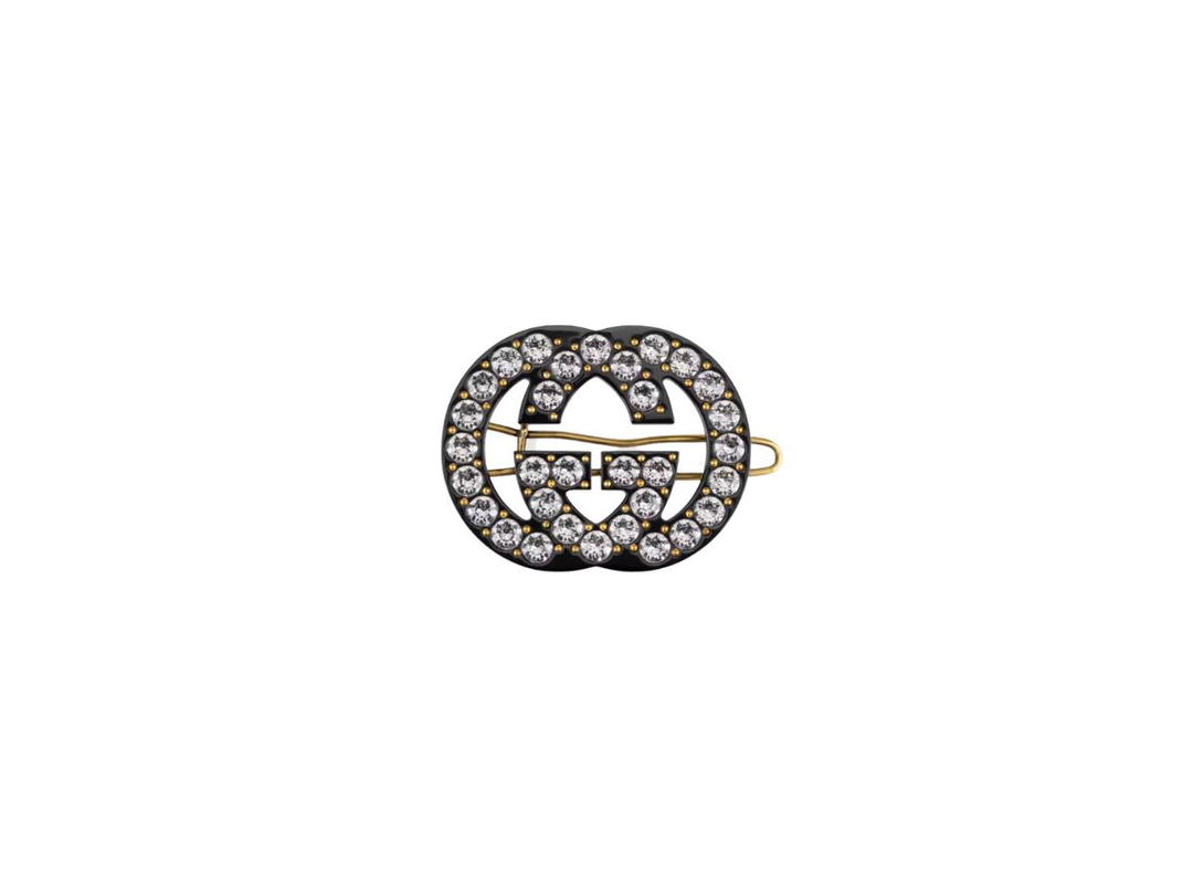 Gucci Gucci Crystal Interlocking G Hair Clip Black Resin Gold Metal
