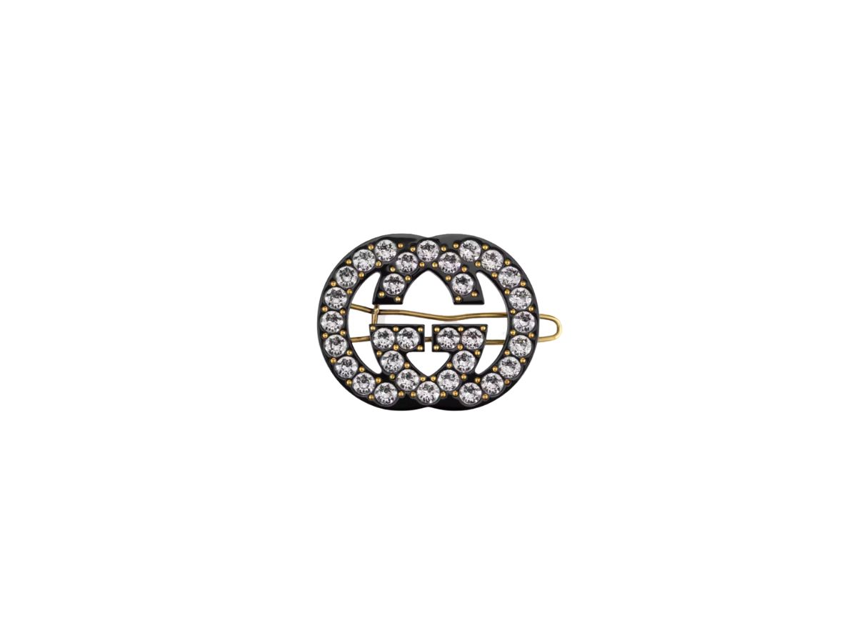 Gucci Gucci Crystal Interlocking G Hair Clip Black Resin Gold Metal