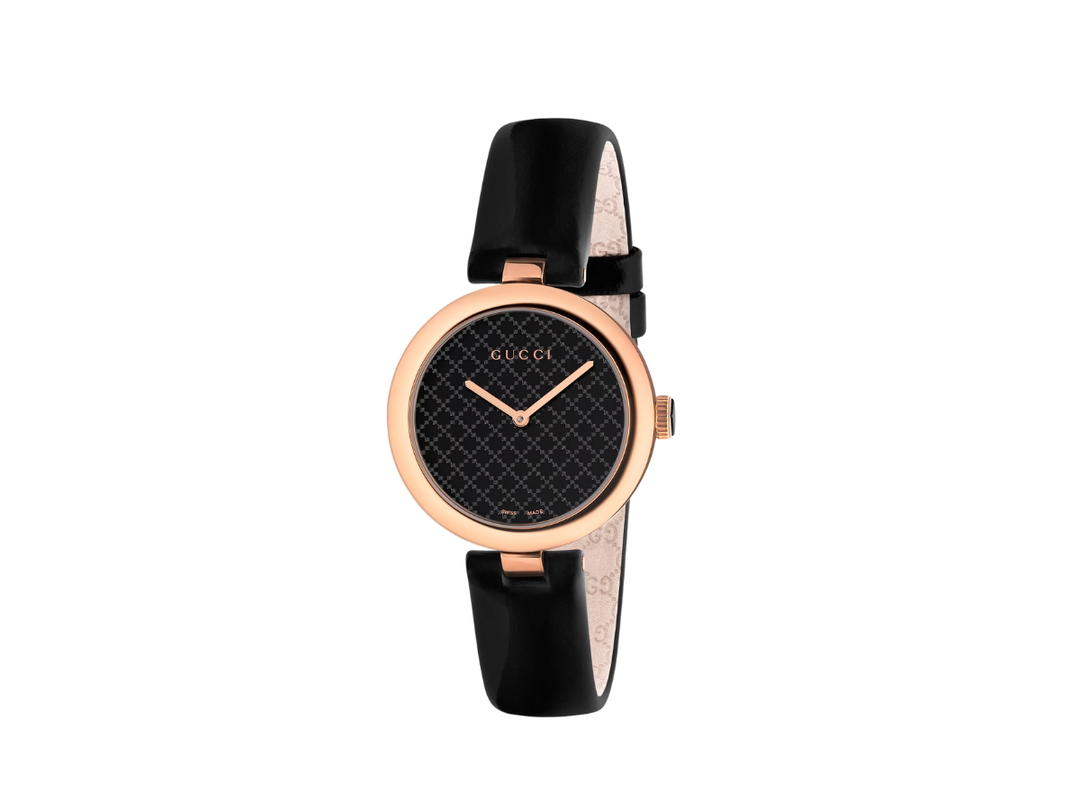 Gucci Gucci Diamantissima Watch 32MM In Rose Gold And Black PVD Case With Black Lacquered Diamante Pattern Dial