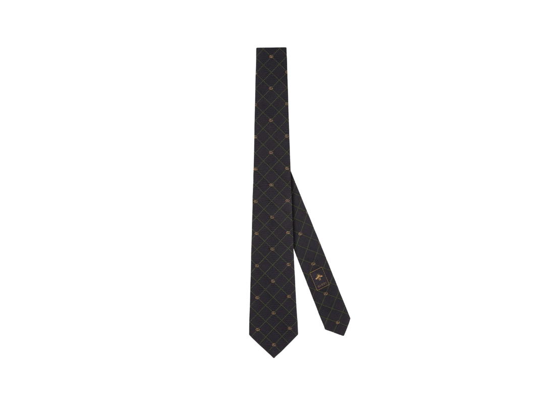 Gucci Gucci Double G And Check Silk Jacquard Tie In Blue And Red Double G And Check Silk Jacquard