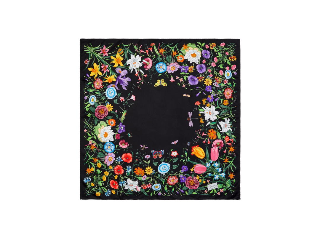 Gucci Gucci Flora Print Silk Carré In Multicolour Flora Print Black Silk Twill