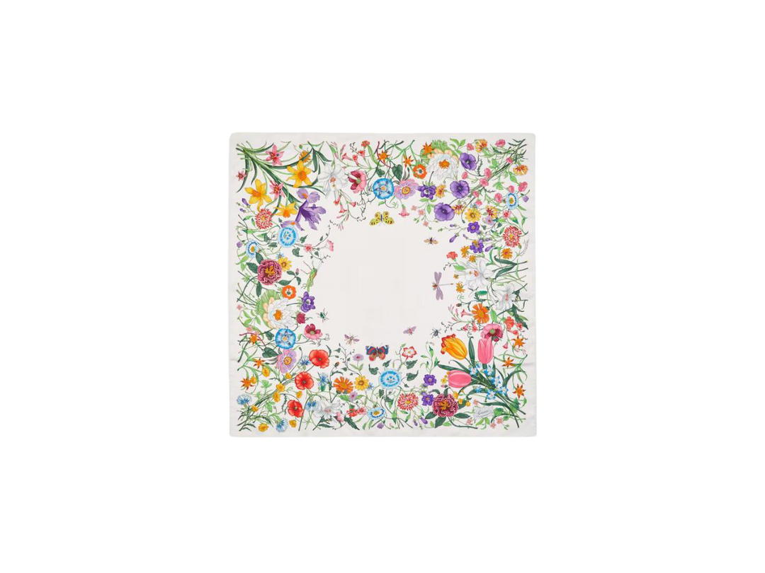 Gucci Gucci Flora Print Silk Carré Multicolour Flora Print White Silk Twill