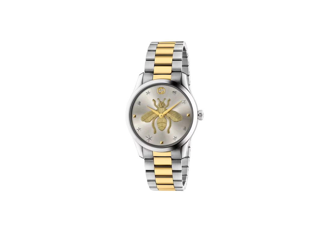 Gucci Gucci G-Timeless Watch 38MM In Silver Sunbrushed Dial With Bee Motif Steel And Yellow Gold (YA1264131)