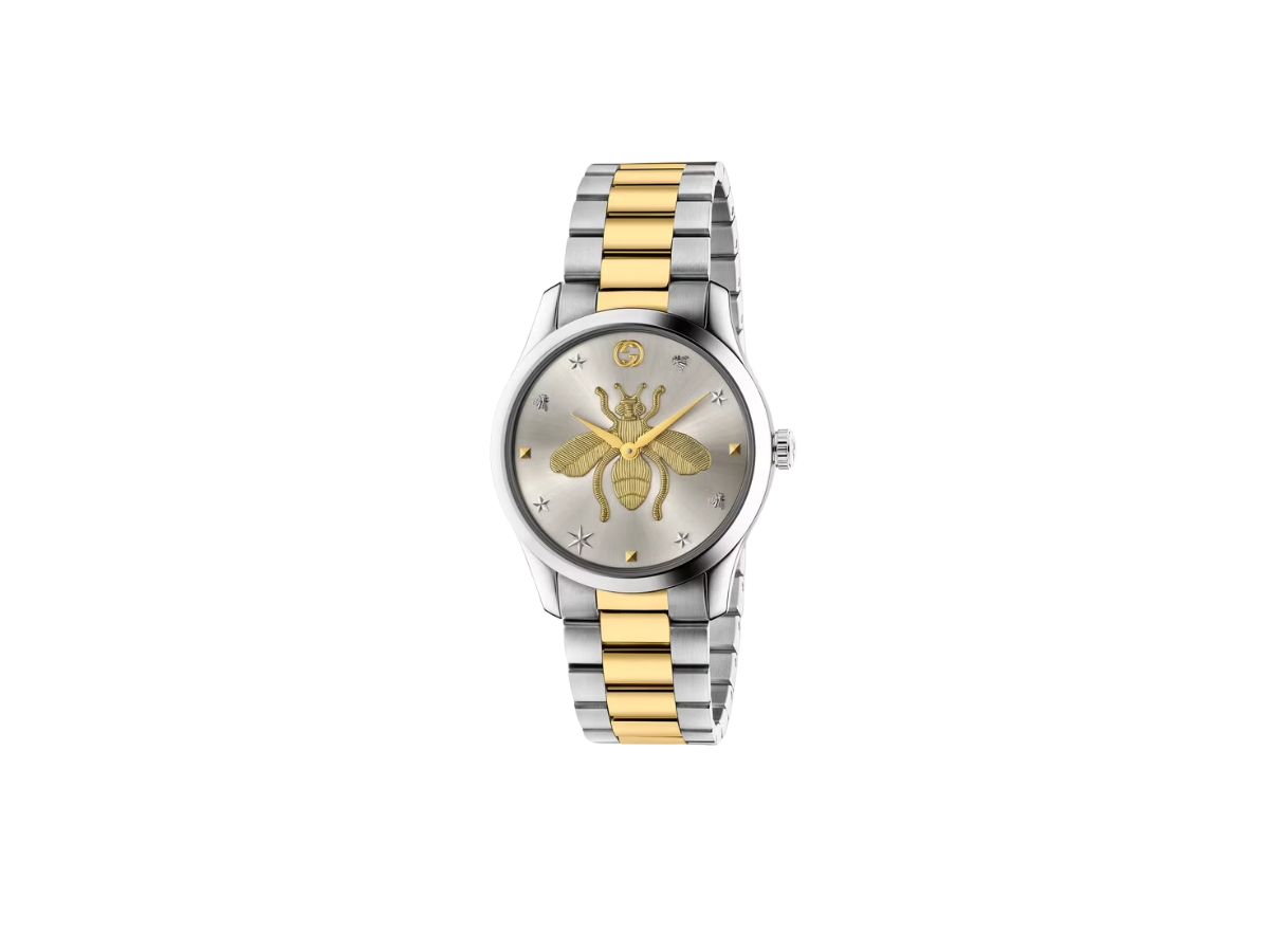 Gucci Gucci G-Timeless Watch 38MM In Silver Sunbrushed Dial With Bee Motif Steel And Yellow Gold (YA1264131)