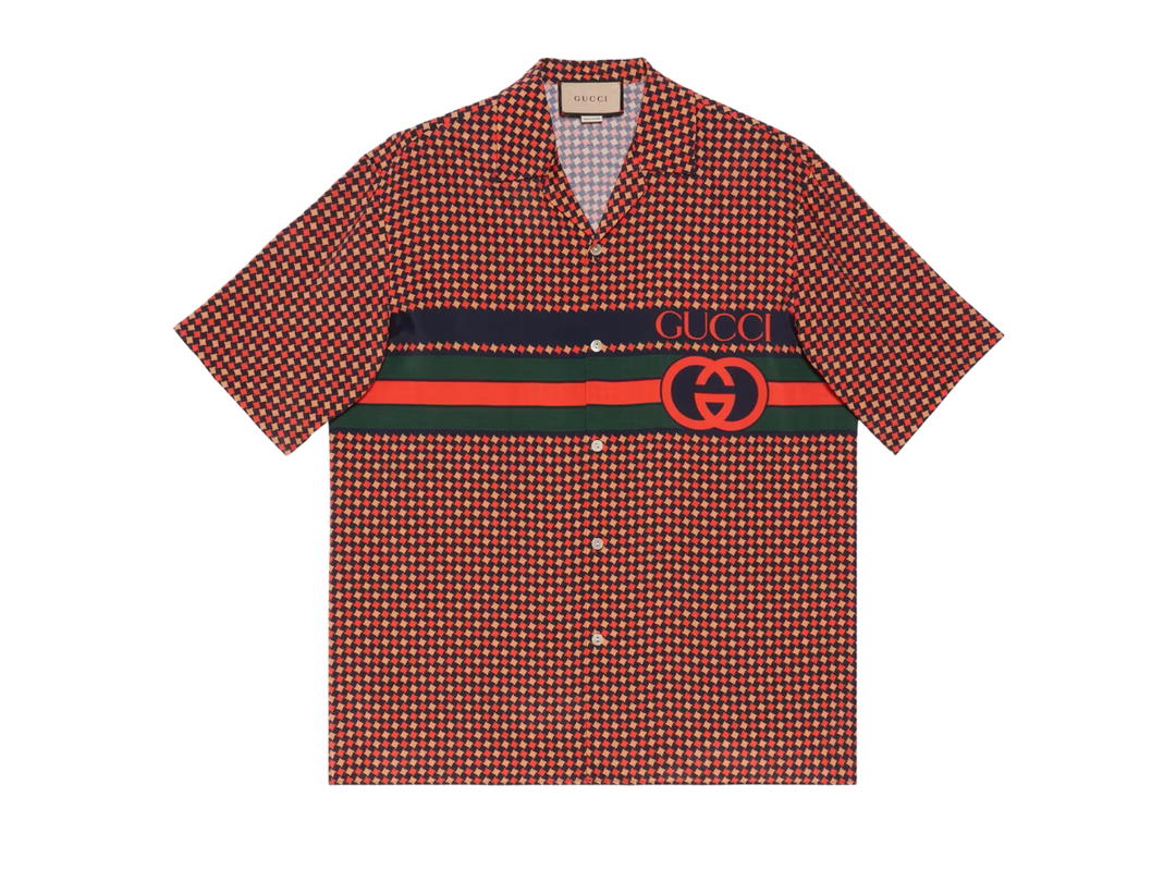 Gucci Gucci Geometric Houndstooth Print Bowling Shirt Blue And Red