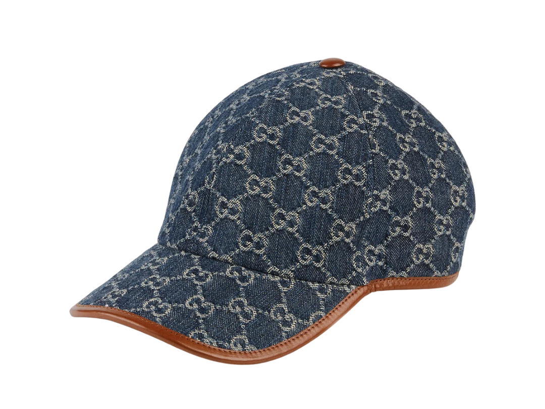 Gucci Gucci GG Baseball Hat In Blue And Ivory Canva With Brown Leather Trim