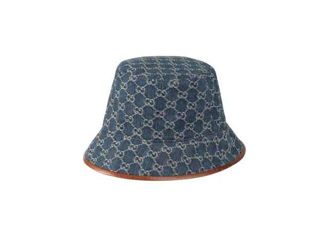 Gucci Gucci GG Canvas Bucket Hat In Blue Jacquard Denim With Brown Leather Trim - view 1