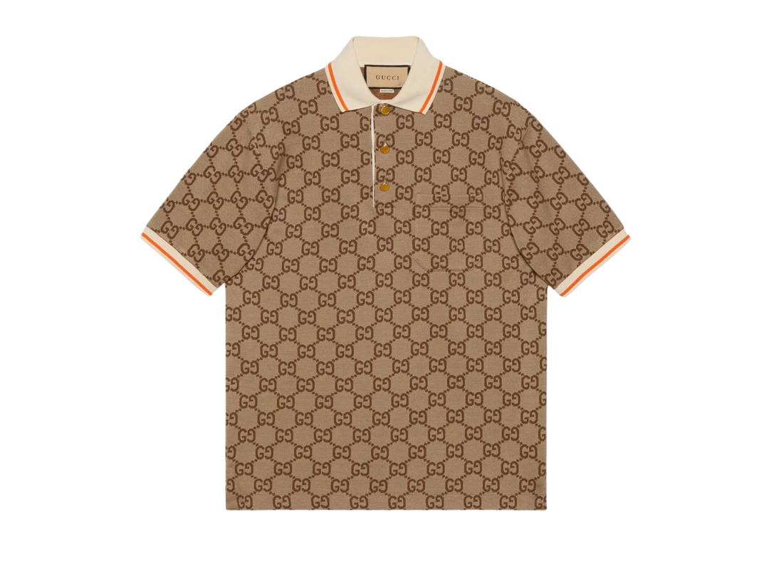 Gucci Gucci GG Cotton Silk Polo Shirt With Gold-Toned Metal Buttons Beige and Ebony