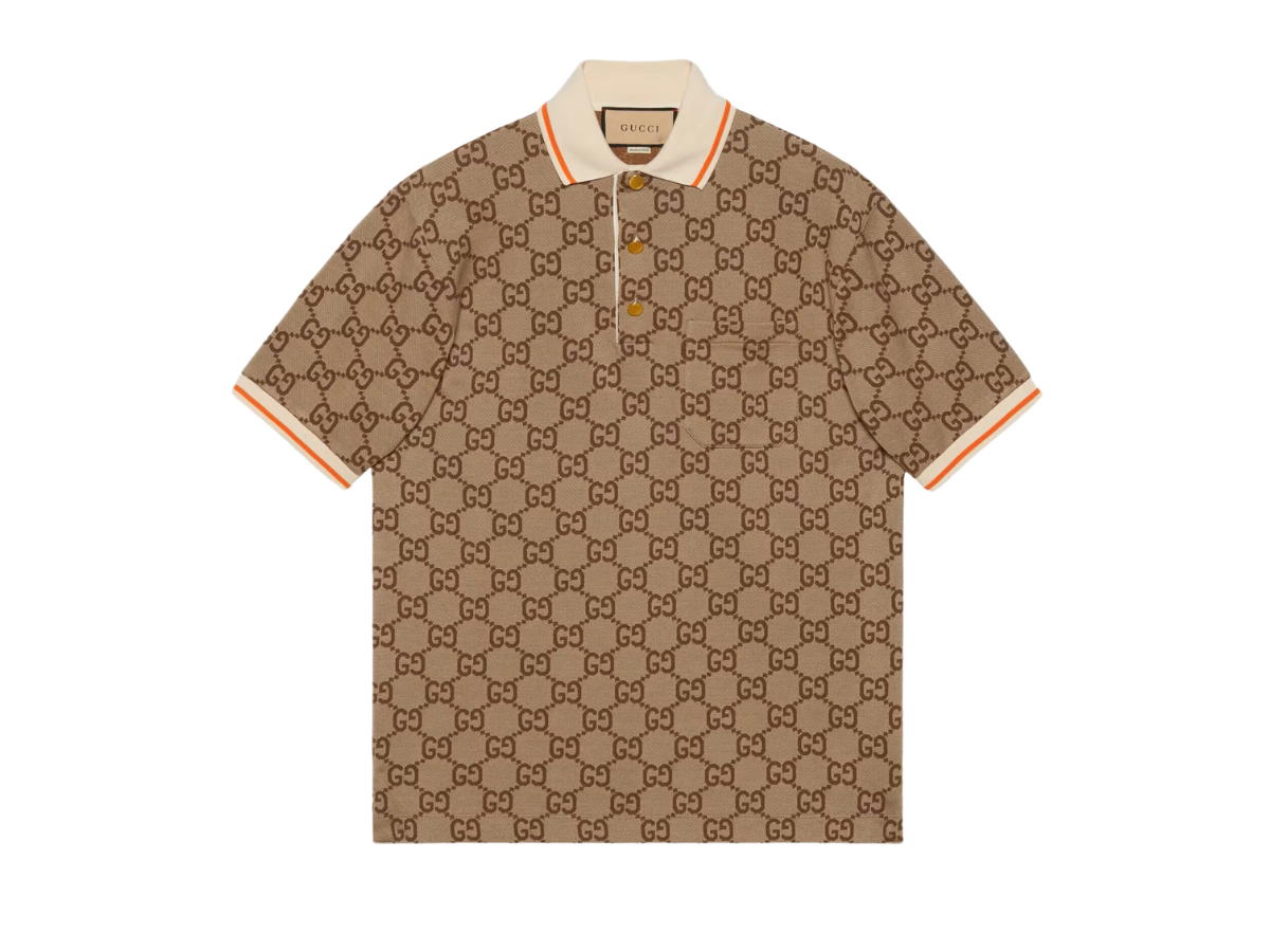 Gucci Gucci GG Cotton Silk Polo Shirt With Gold-Toned Metal Buttons Beige and Ebony