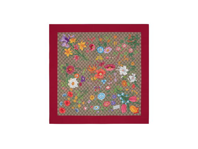 Gucci Gucci GG Flora Print Silk Scarf In Gg Flora Print Organic Silk Twill And Red Borders - view 1