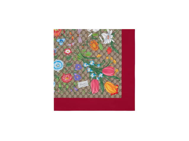 Gucci Gucci GG Flora Print Silk Scarf In Gg Flora Print Organic Silk Twill And Red Borders - view 2