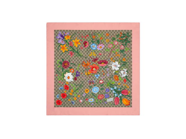 Gucci Gucci GG Flora Print Silk Scarf In Gg Flora Print Organic Silk Twill Pink Borders - view 1