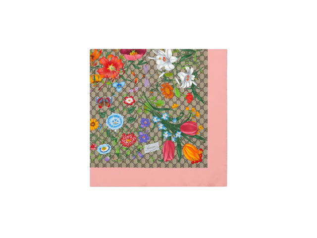 Gucci Gucci GG Flora Print Silk Scarf In Gg Flora Print Organic Silk Twill Pink Borders - view 2