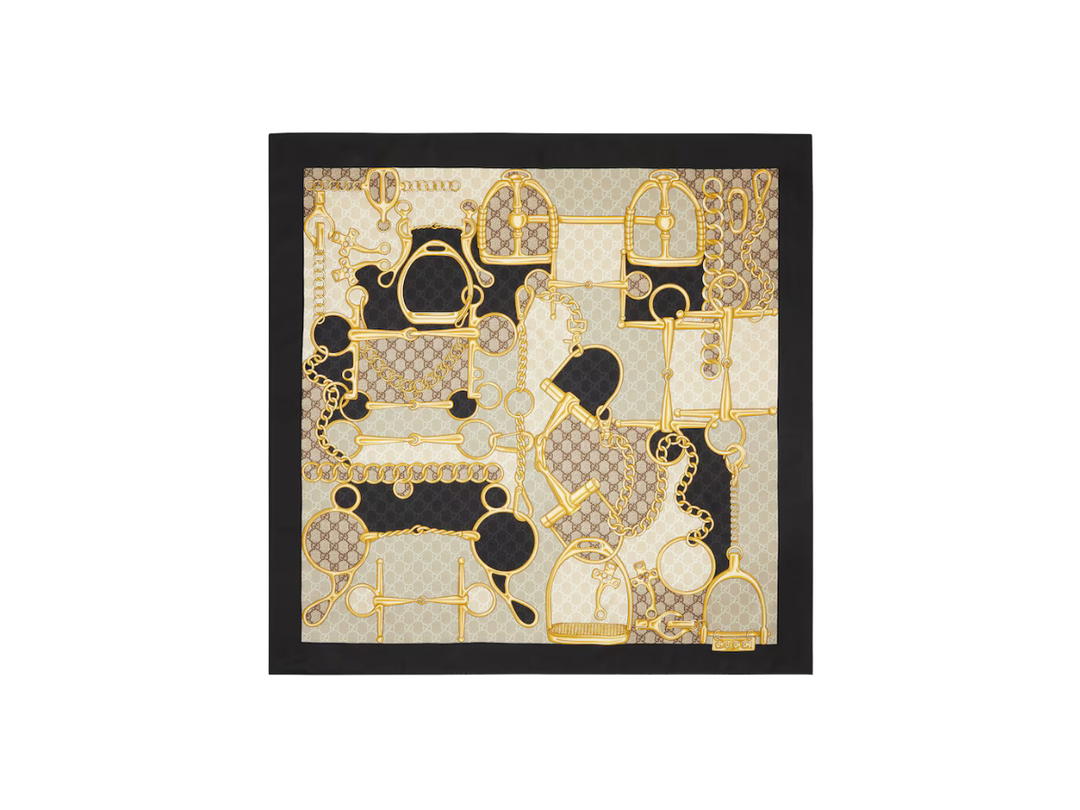 Gucci Gucci GG Horsebit Silk Scarf In GG Horsebit, Stirrup And Chain Print Black And Beige Silk