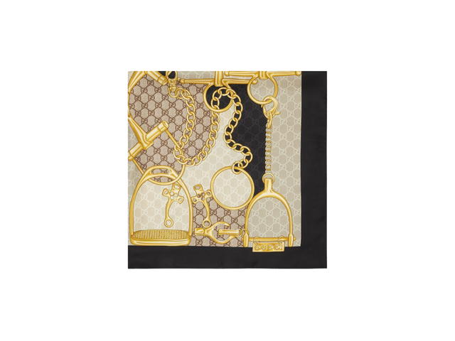 Gucci Gucci GG Horsebit Silk Scarf In GG Horsebit, Stirrup And Chain Print Black And Beige Silk - view 2