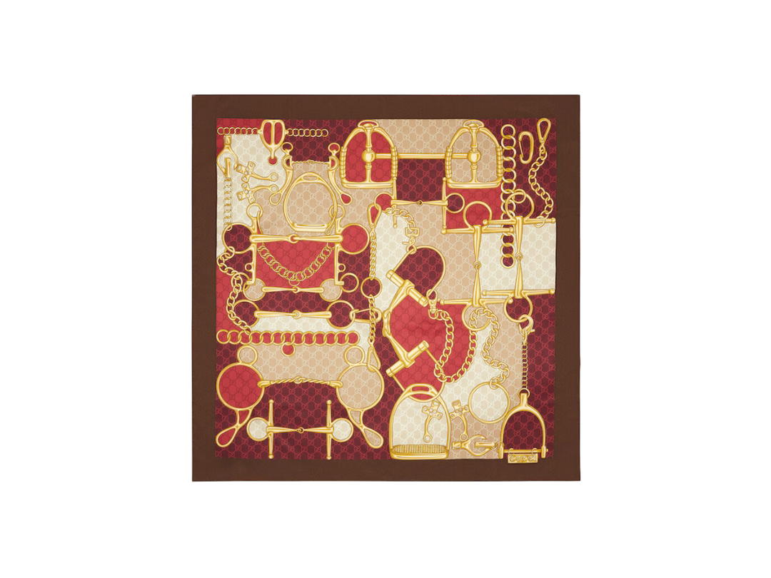 Gucci Gucci GG Horsebit Silk Scarf In GG Horsebit Stirrup And Chain Print Red Silk