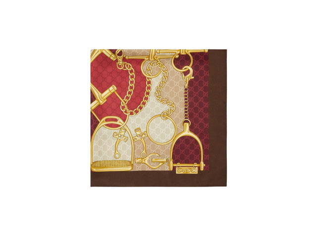 Gucci Gucci GG Horsebit Silk Scarf In GG Horsebit Stirrup And Chain Print Red Silk - view 2