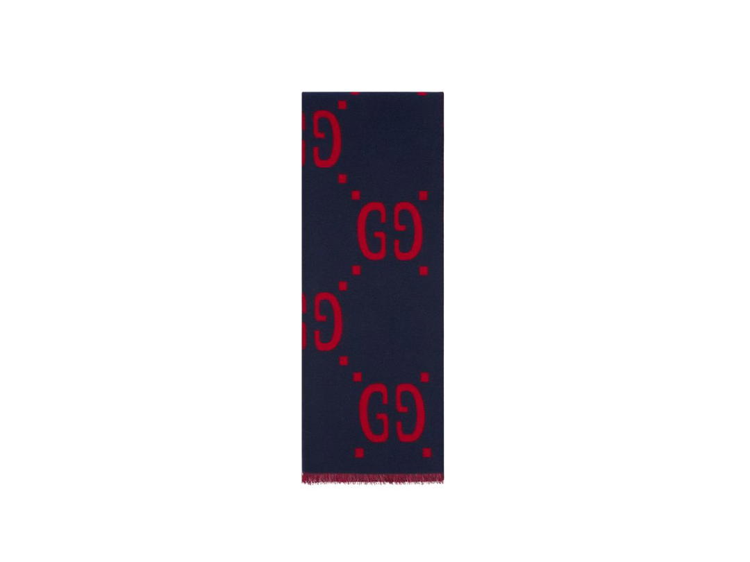 Gucci Gucci GG Jacquard Wool Silk Scarf In Blue And Red GG Jacquard Wool Silk