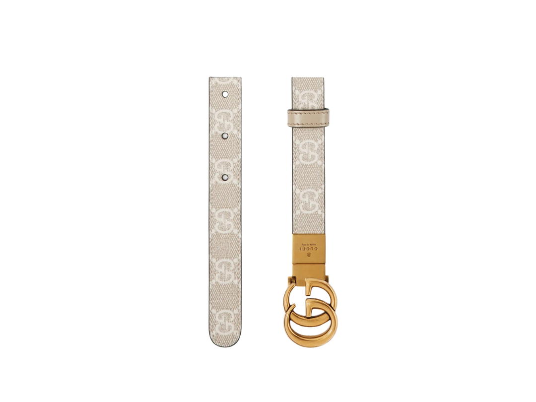 Gucci Gucci GG Marmont Reversible Thin Belt 20MM In Beige-Ebony GG Supreme Canvas Reverses To Beige Leather With Gold-Toned Hardware