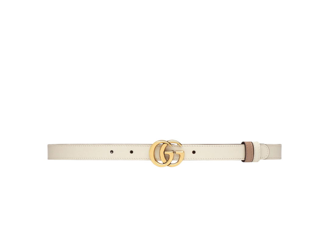 Gucci Gucci GG Marmont Reversible Thin Belt 20MM In White-Pink Leather Double G Buckle Gold-Toned Hardware