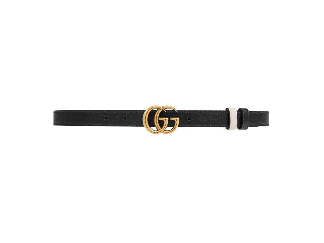 Gucci Gucci GG Marmont Reversible Thin Belt In Black Leather Reverses To White Leather Aged Gold-Toned Hardware
