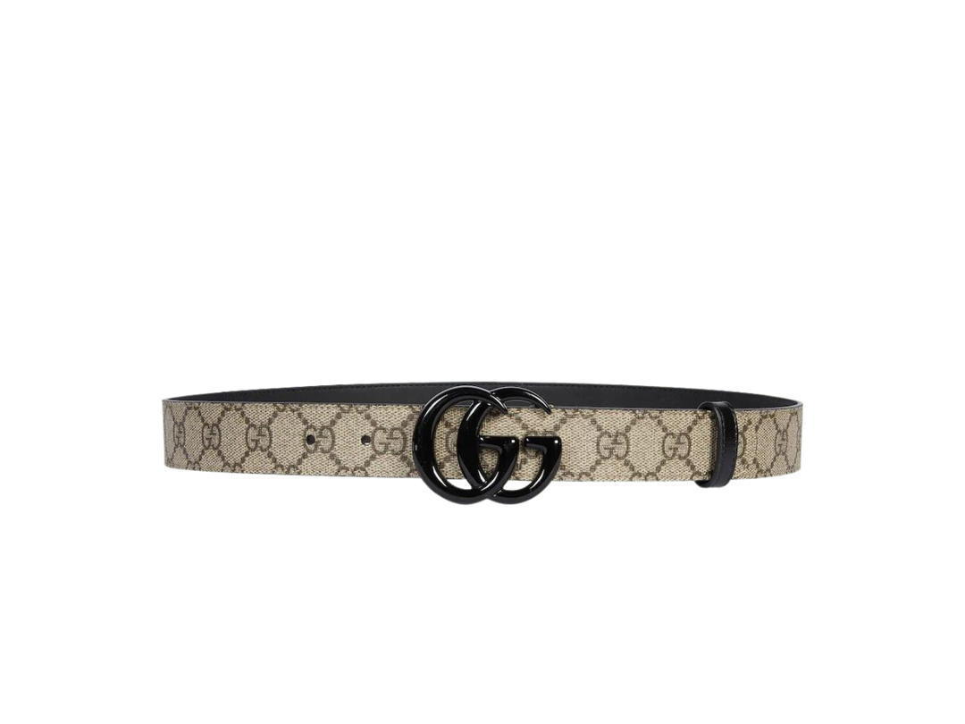 Gucci Gucci GG Marmont Thin Belt 30MM In Beige And Ebony GG Supreme Canvas With Double G Buckle Black Brass Hardware Ceramic Effect Finishing