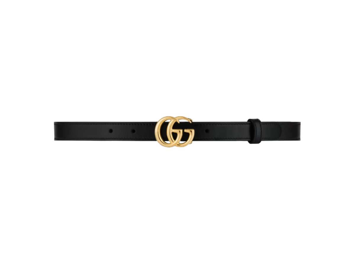 Gucci Gucci GG Marmont Thin Leather Belt With Shiny Buckle 20MM In Black Leather With Double G Buckle Shiny Gold-Toned Hardware