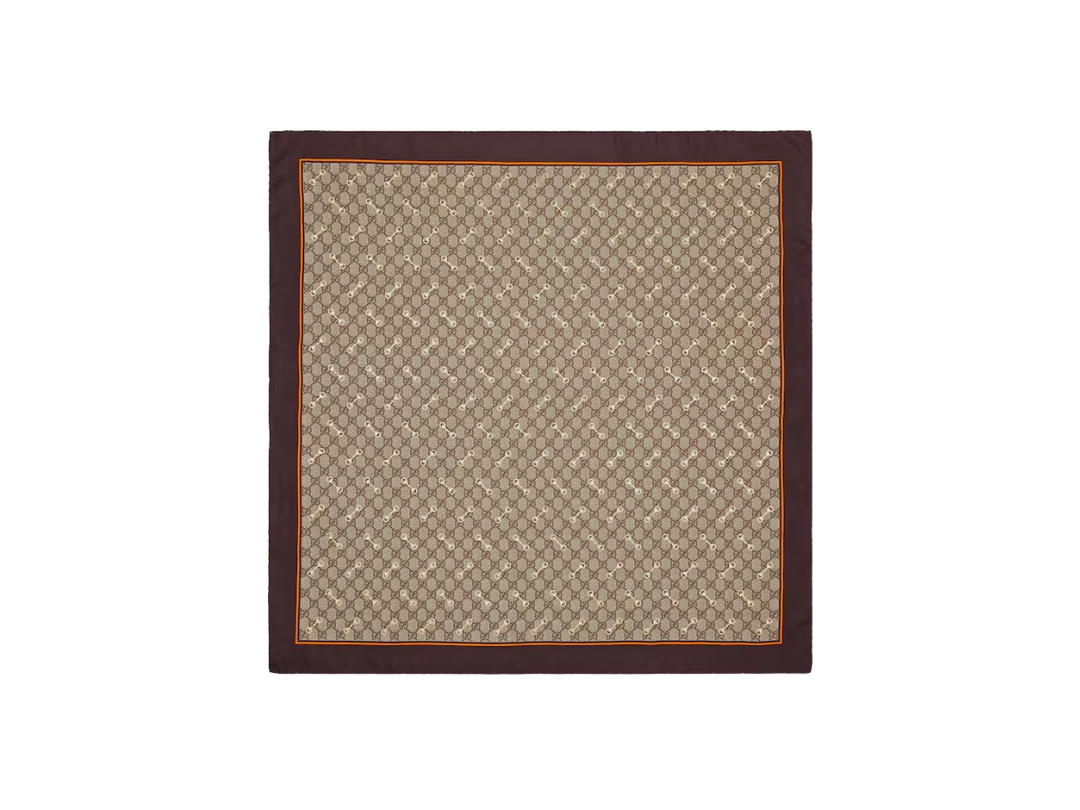 Gucci Gucci GG Print With Horsebits Silk Scarf In Beige And Ebony GG Print With Overprinted And Laminated Gold Horsebits Brown And Orange Borders