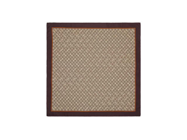 Gucci Gucci GG Print With Horsebits Silk Scarf In Beige And Ebony GG Print With Overprinted And Laminated Gold Horsebits Brown And Orange Borders - view 1