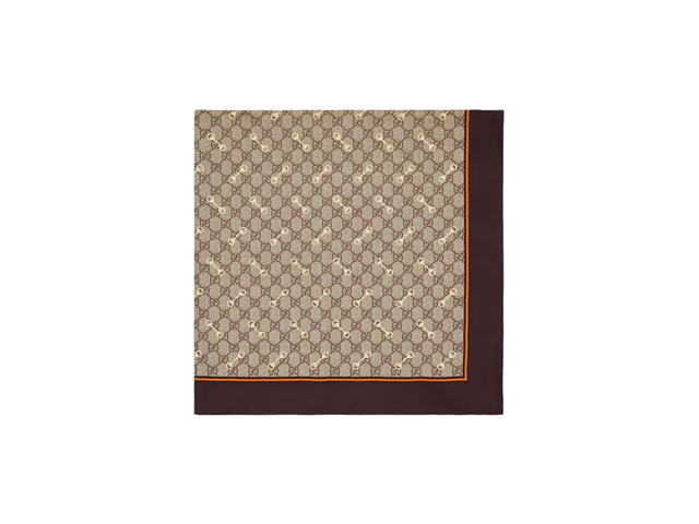 Gucci Gucci GG Print With Horsebits Silk Scarf In Beige And Ebony GG Print With Overprinted And Laminated Gold Horsebits Brown And Orange Borders - view 2