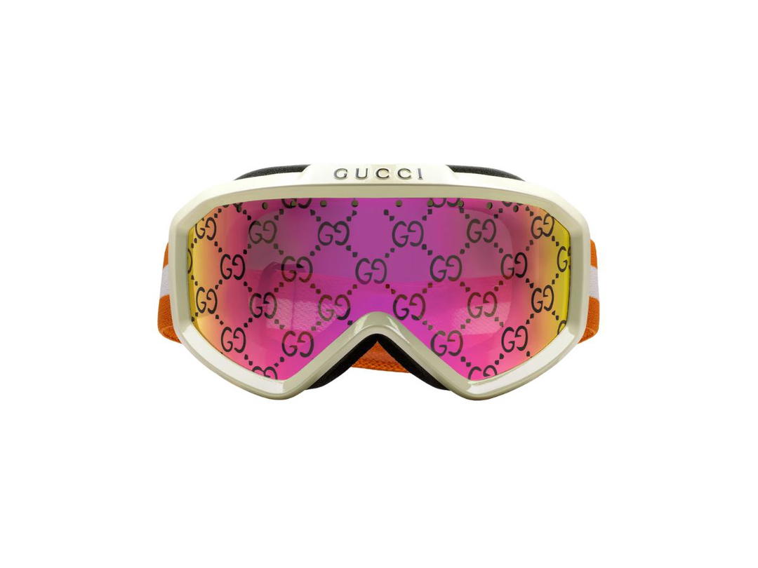 Gucci Gucci GG Ski Mask In Shiny Solid Ivory Injected Frame With Orange And White Web Temple Strap And Brown And Pink Guccissima Lens