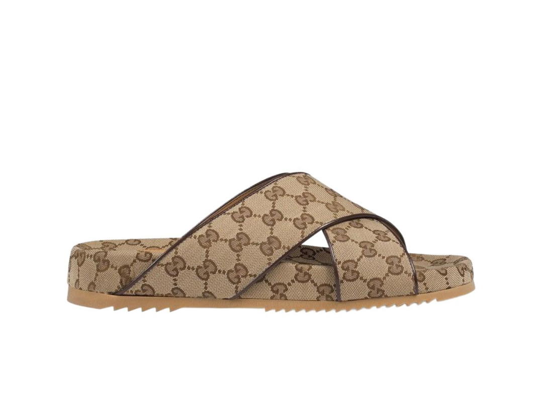 Gucci Gucci GG Slide Sandal In Beige And Ebony Supreme Canvas