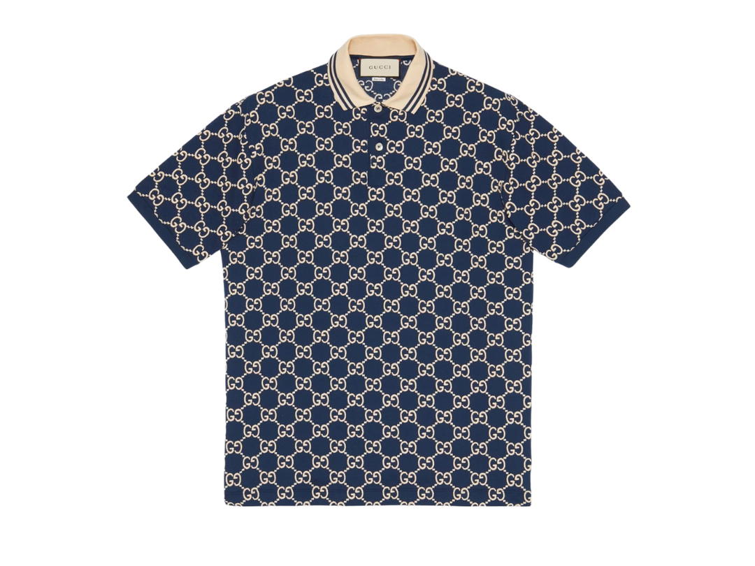 Gucci Gucci GG Stretch Cotton Polo In Dark Blue GG Stretch Cotton With Off-White And Dark Blue Striped Collar