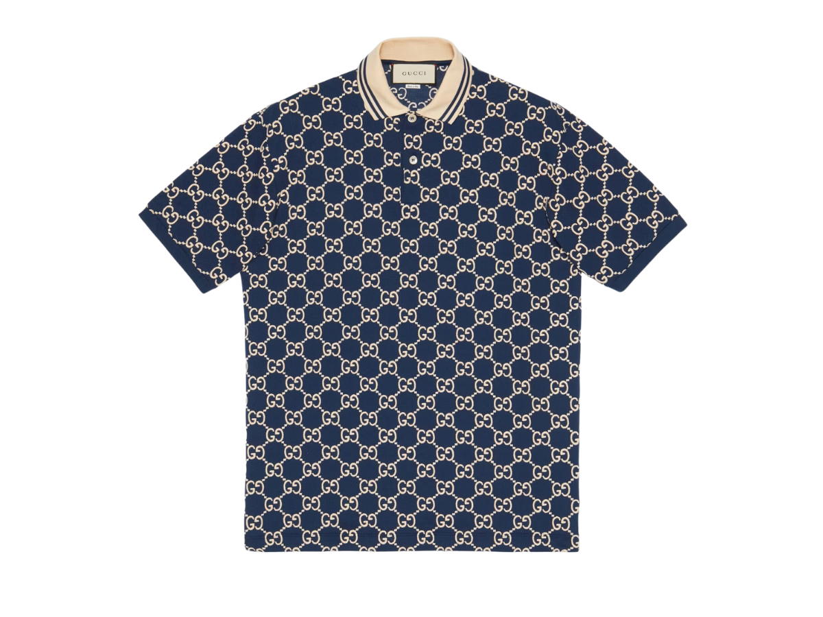 Gucci Gucci GG Stretch Cotton Polo In Dark Blue GG Stretch Cotton With Off-White And Dark Blue Striped Collar