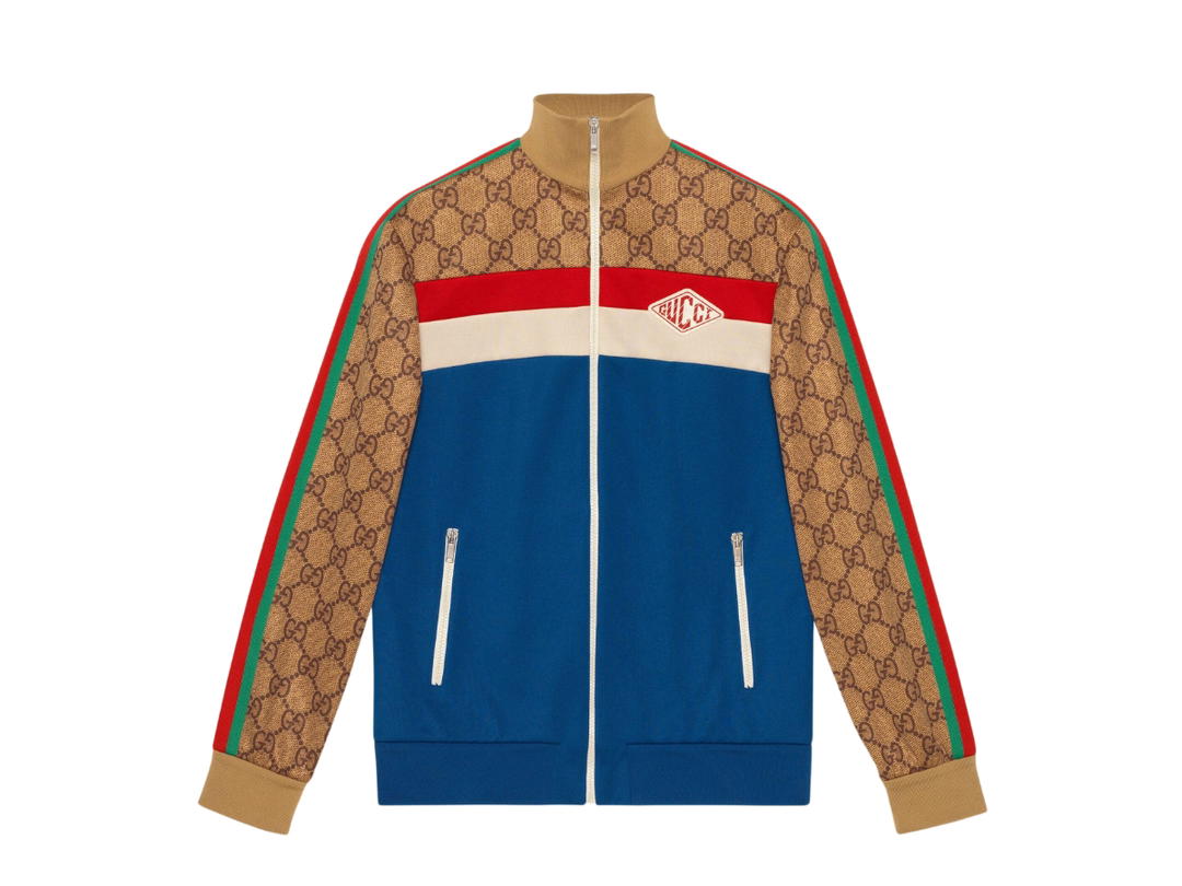 Gucci Gucci GG Technical Jersey Jacket In Camel And Brown GG Technical Jersey With Blue-Red-White