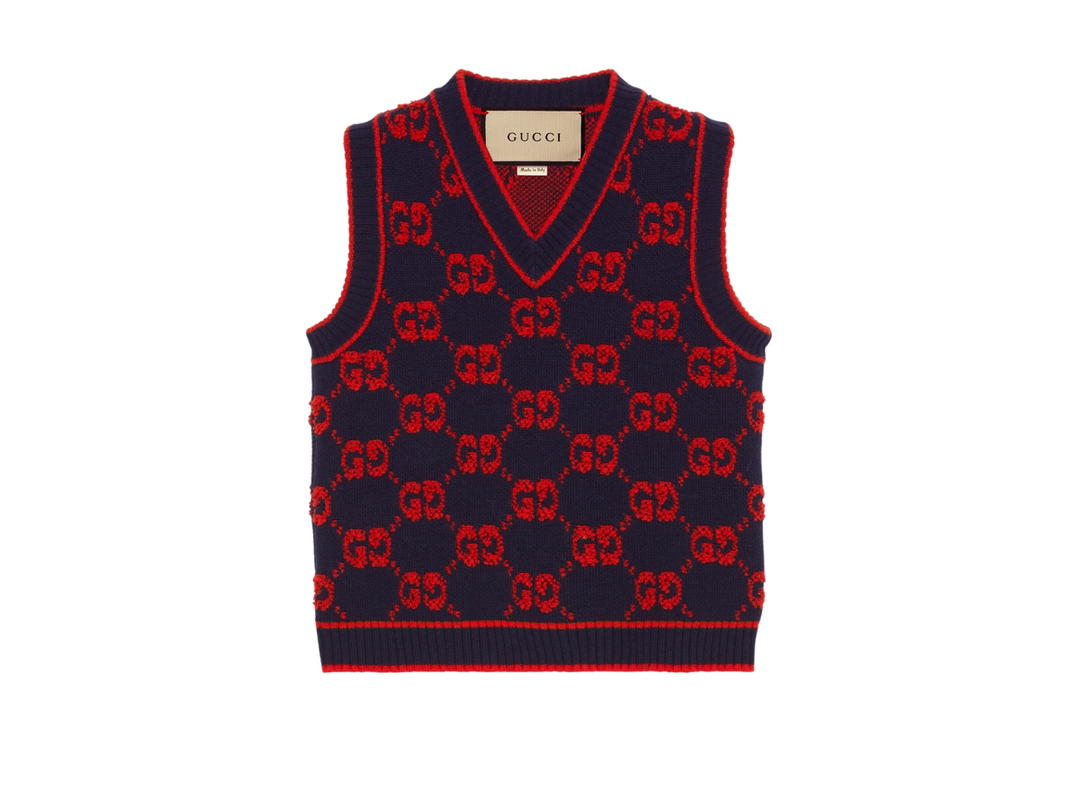 Gucci Gucci GG Wool Bouclé Jacquard Vest In Blue And Red GG Wool Bouclé Jacquard V-Neck