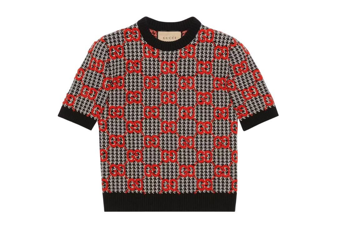 Gucci Gucci GG Wool Houndstooth Top Black Ivory And Red