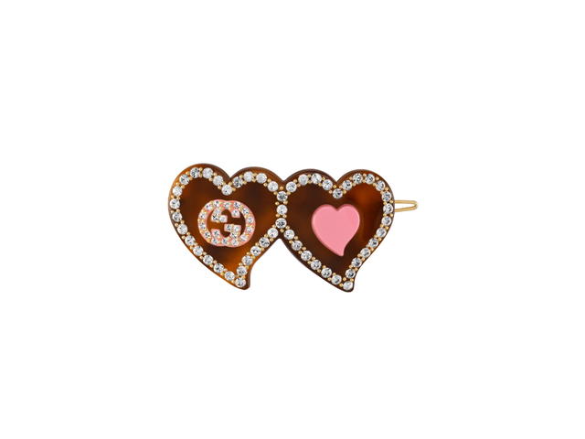 Gucci Gucci Hair Clip With GG And Hearts In Tortoiseshell Resin Two Heart Pink Interlocking G-Mini Heart With Crystal Trim - view 1