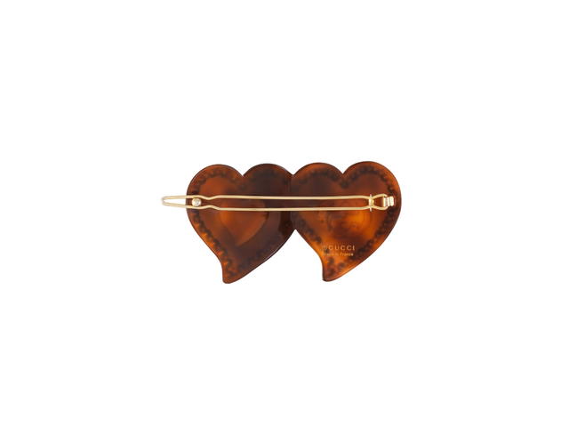 Gucci Gucci Hair Clip With GG And Hearts In Tortoiseshell Resin Two Heart Pink Interlocking G-Mini Heart With Crystal Trim - view 2