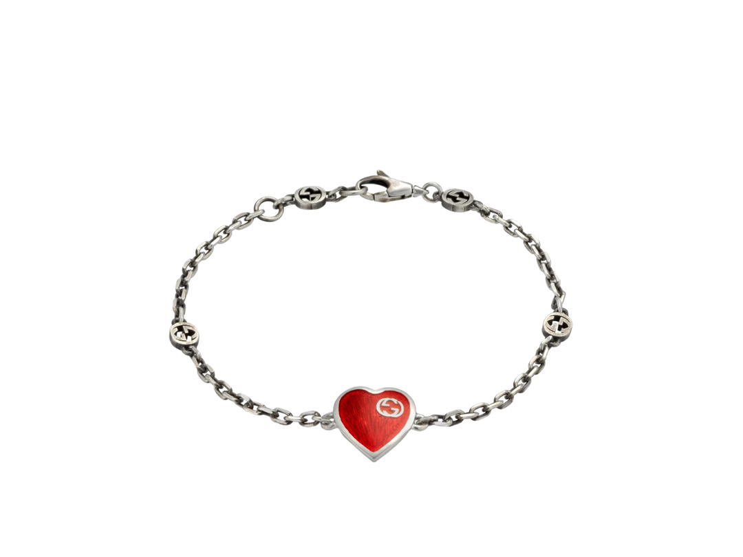 Gucci Gucci Heart Bracelet With Interlocking G In Red Enamel-Interlocking G With Semi-Shiny Finish 925 Sterling Silver