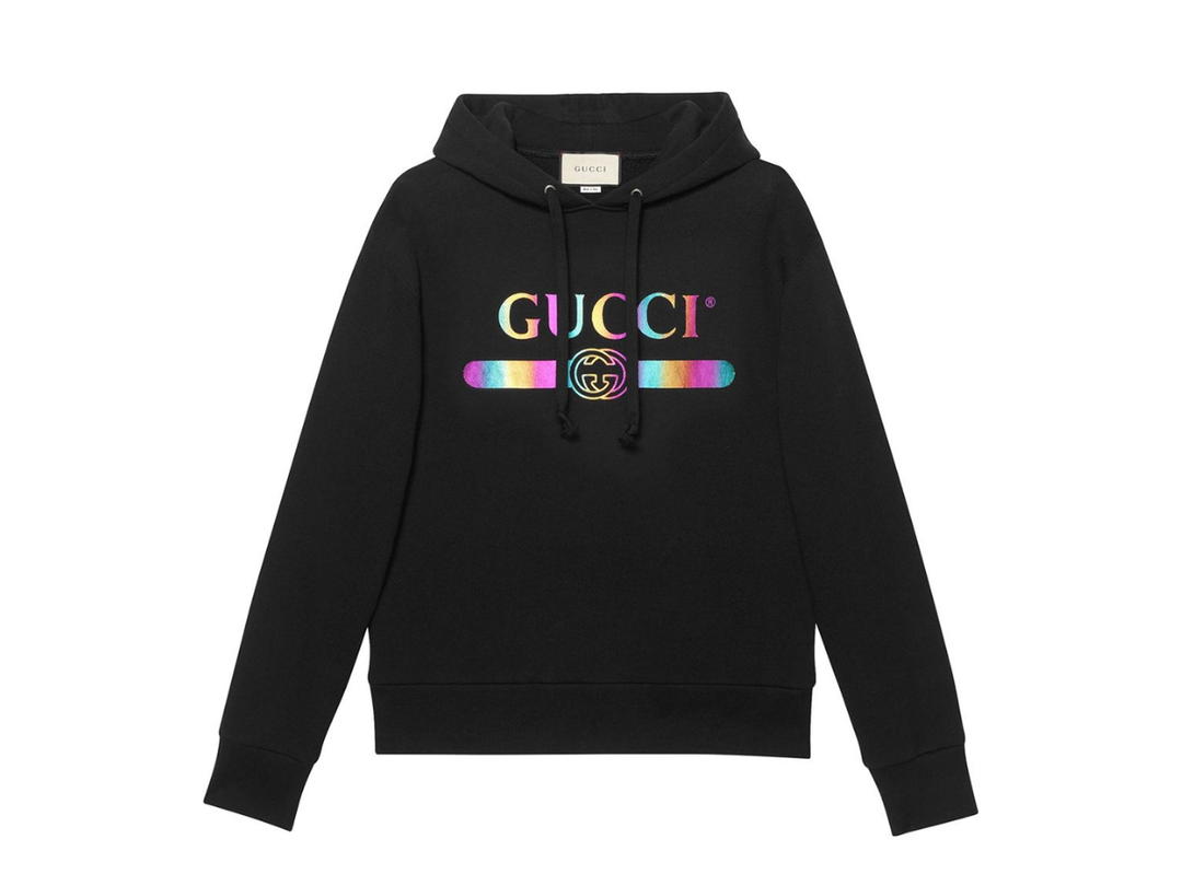 Gucci Gucci Hooded Sweatshirt In Black Cotton Jersey With Rainbow Lettering